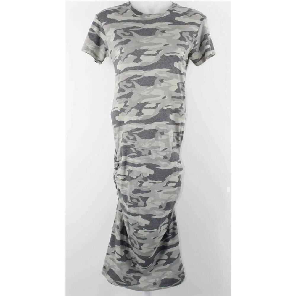 Monrow Sz M Olive Green Camo Ruched Fitted Poly Cotton Rayon Dress